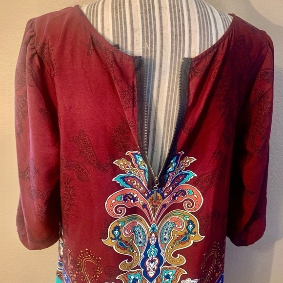 NEW Boho Dress XL BeBop Burgundy Multicolored Mandala pattern Mini Dress 1/2 Slv - Picture 10 of 16